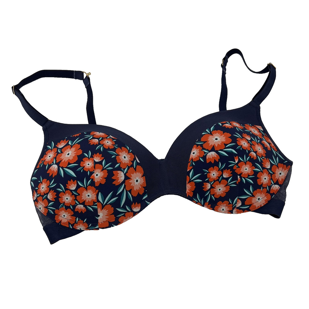 Lively Bra Womens 36D Blue Floral T-Shirt Underwire Padded Lined Adjustable